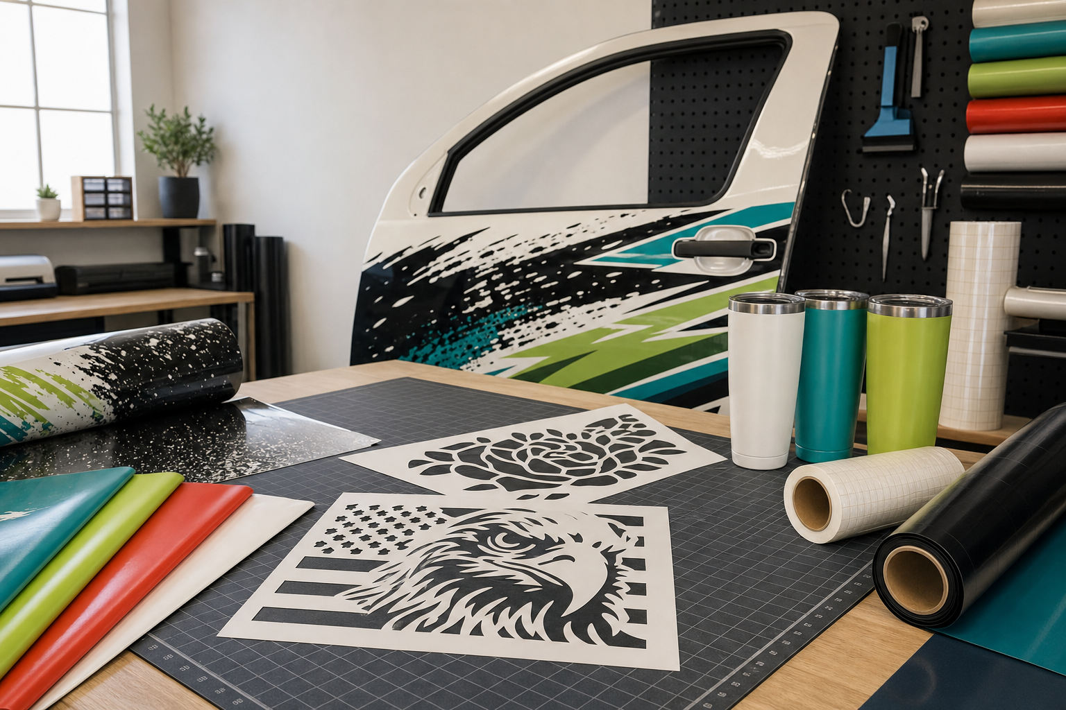 Custom stencil and wrap products arranged on a workshop table